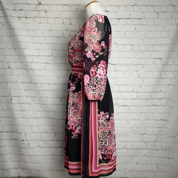 Bisou Bisou Michele Bohbot Dress 8  Pink Coral Black Flower Sheer  3/4 Sleeves - Picture 2 of 11